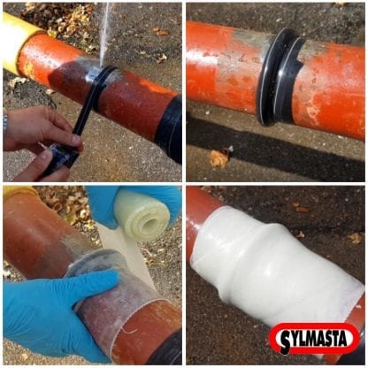 Live leak pipe repair made with a SylWrap Pipe Repair Kit to a steel pipe with a longitudinal split