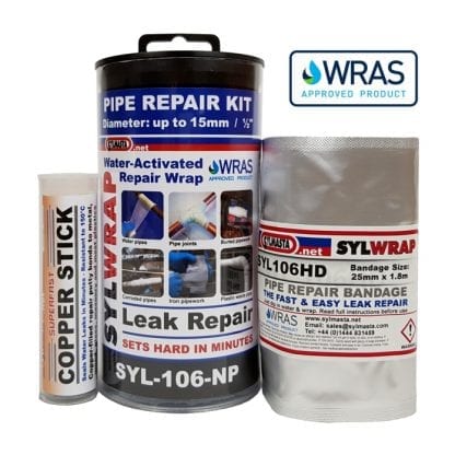 SylWrap Pipe Repair Kits contain all the equipment needed to fix a leaking pipe where water flow cannot be turned off