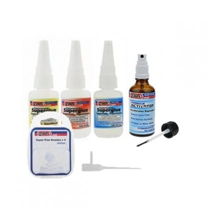 The Superglue & Activator Kit features three grades of cyanoacrylate superglue and activator for making quick repairs and fast bonding of materials