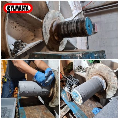 A worn shaft as part of a mill wheel at a ceramic factory in Mexico is rebuilt using Titanium Supergrade Epoxy Paste