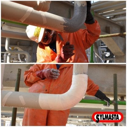 Repairsbeing made to a sulphuric acid line using a SylWrap HD Pipe Repair Bandage which strengthens and protects pipework