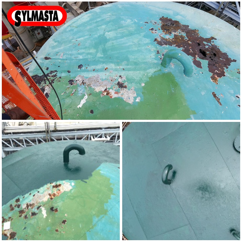 A corroded roof tank is painted with Ceramic Brushable Green an abrasion resistant coating