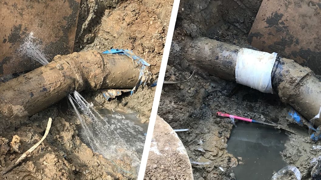 A contaminated water pipe at a wastewater treatment works in the United Kingdom is repaired after being accidentally breached during construction work