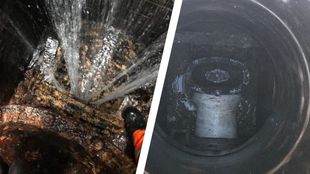 A live repair carried out on a water main which had been leaking for the previous 15 years