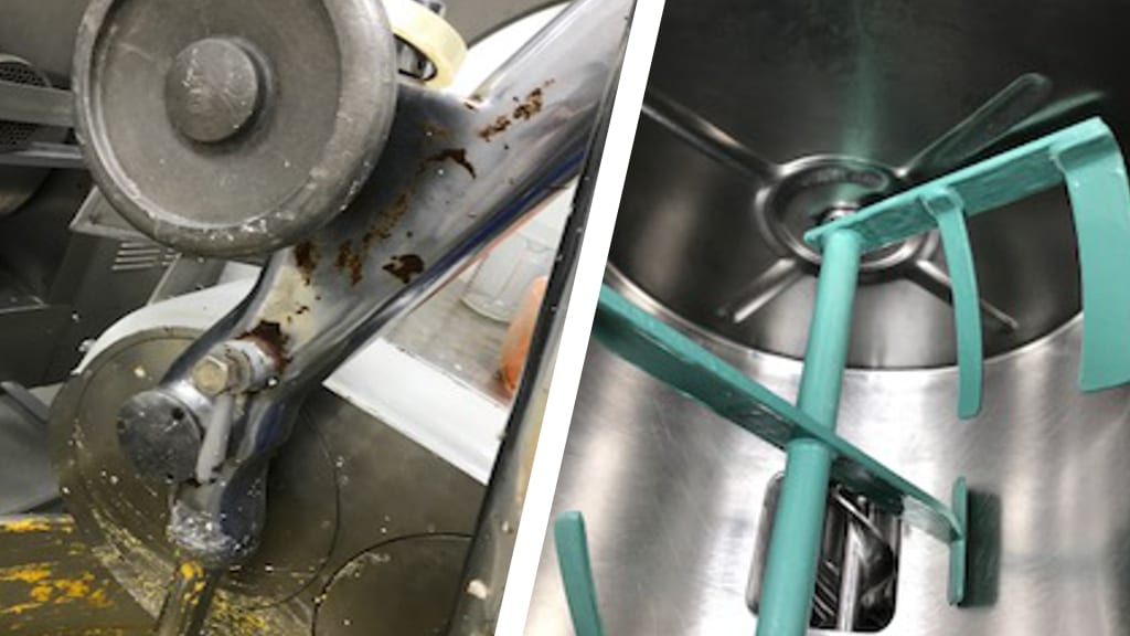Metal blades in a bakery flour mixer were suffering from corrosion until Sylmasta Ceramic Brushable Green provided a repair