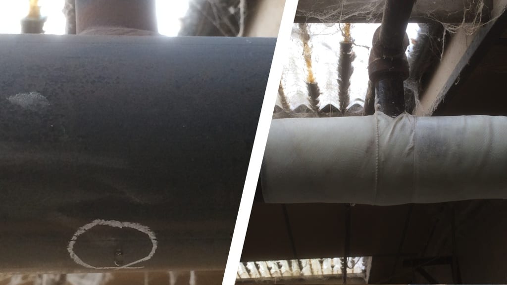 The repair of a leaking pipe in a sprinkler system at a British furniture company's workshop carried out using a SylWrap Standard Pipe Repair Kit