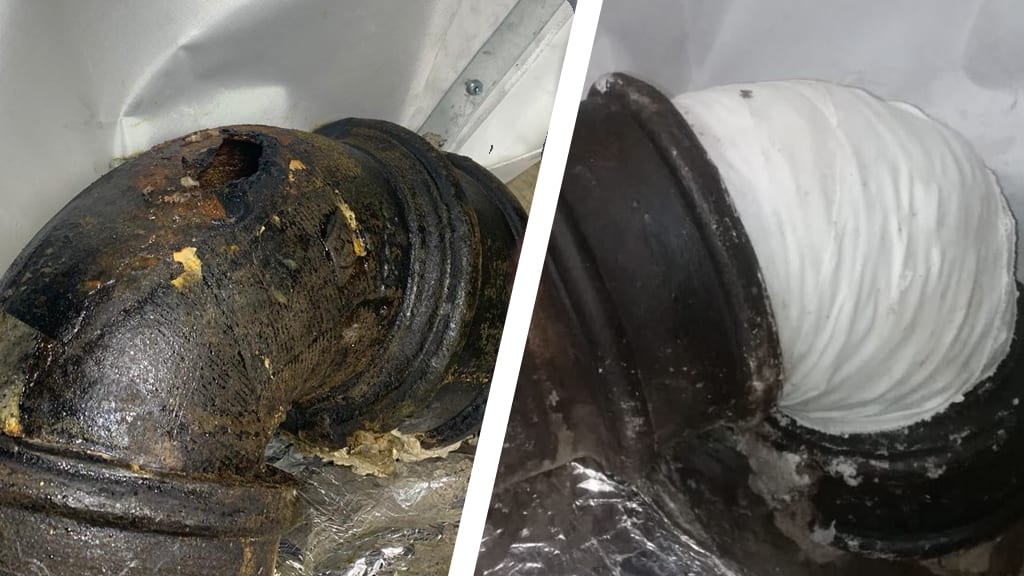 Pipe repair carried out to a wastewater pipe made of cast iron in a central London hotel