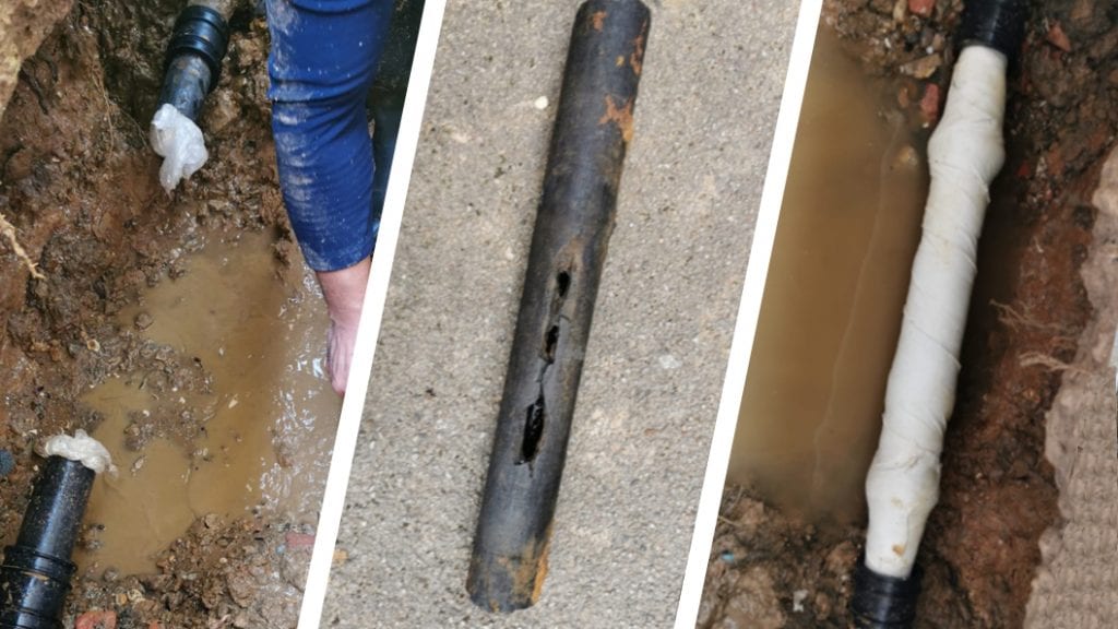 A ruptured cast iron water supply pipe is removed, repaired and then reconnected to the water network in a Sylmasta pipe repair