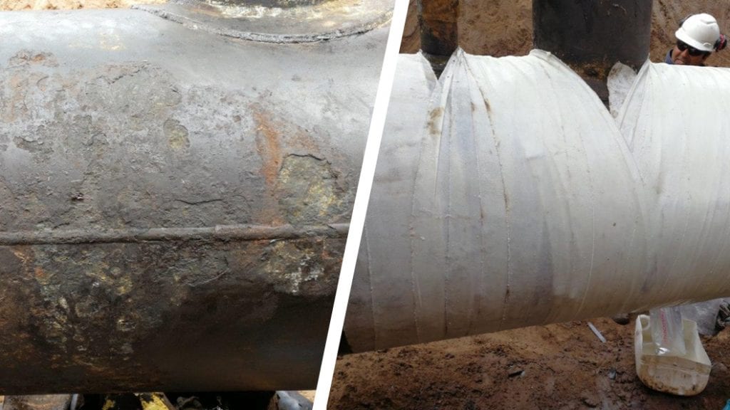 A 900mm steel pipe in an oil well in Argentina was badly corroded and leaking before Sylmasta carried out a repair