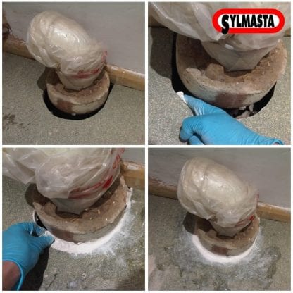 A toilet waste pipe is seal in place using Sylmasta AB Long Working Putty