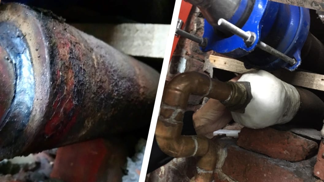 Pipe repair of a central heating system in a church which had begun to leak around a welded joint suffering from corrosion
