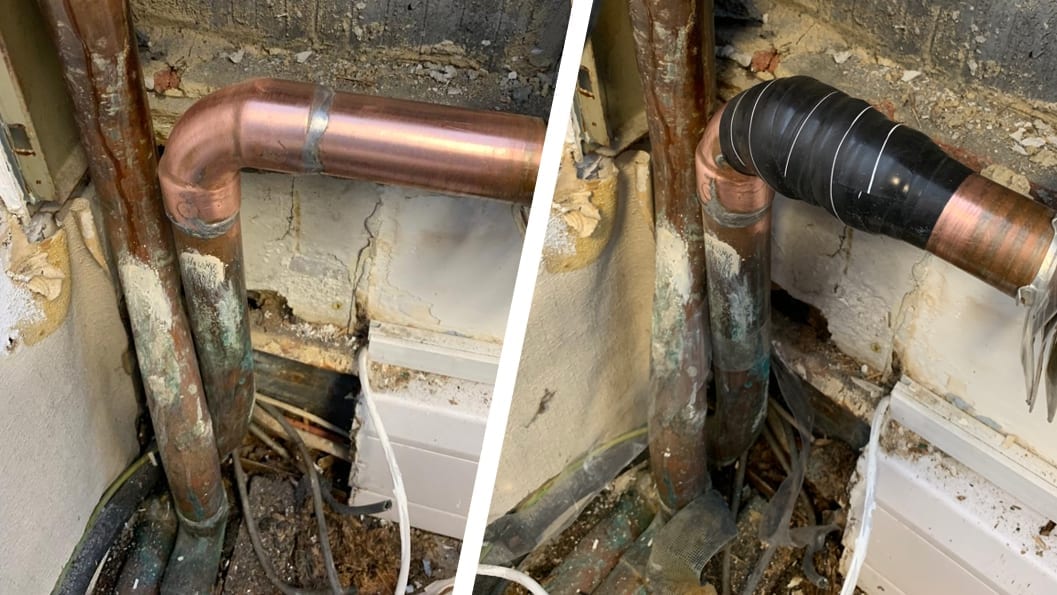 Wrap & Seal Pipe Burst Tape used to repair a domestic copper pipe leaking from badly soldered joints