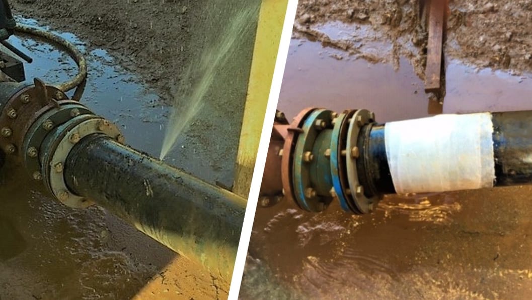 A pierced plastic pipe in a quarry wash plant undergoes a leak repair using a SylWrap Standard Pipe Repair Kit