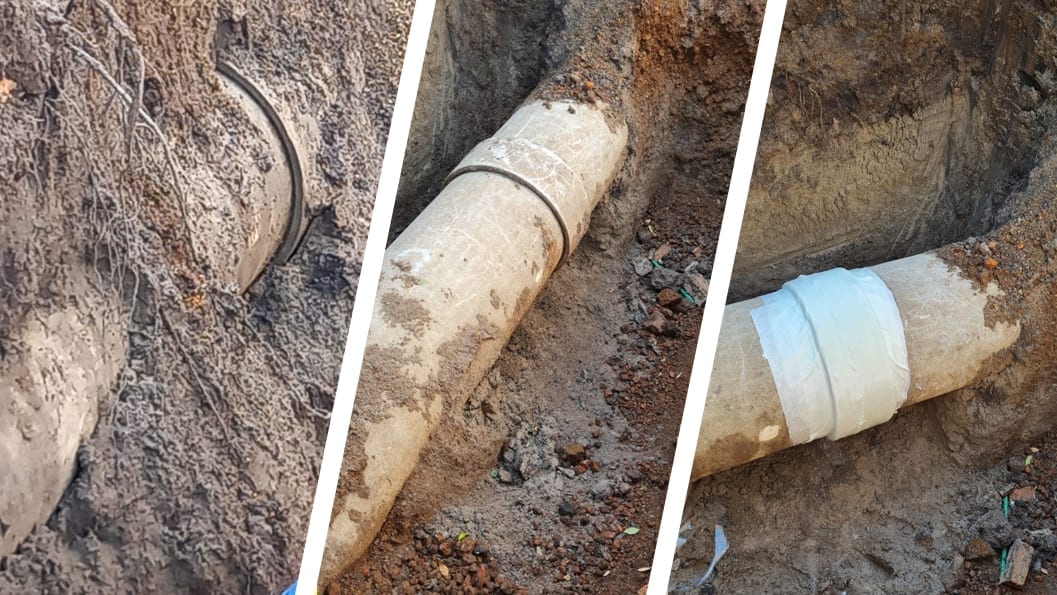 A leaking asbestos cement pipe with water escaping from a sleeve undergoes repair in Mexico using a SylWrap Pipe Repair Kit