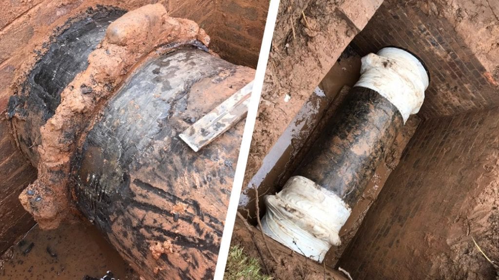 A 2 metre section of 650mm pipe buried in an inspection chamber was discovered to be leaking, excavated and then sealed using SylWrap pipe repair products
