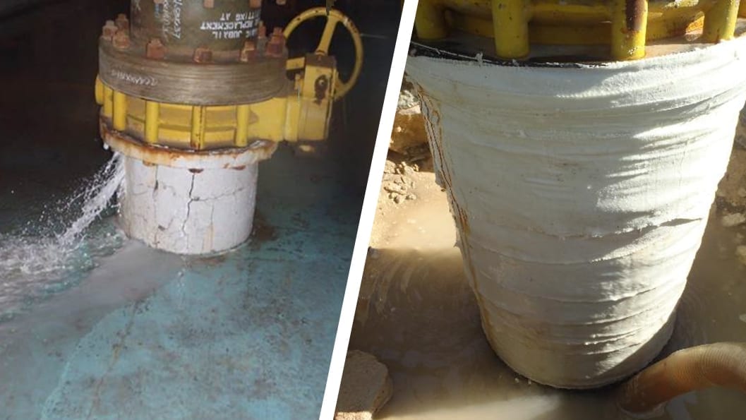 A PCCP pipe stub leaking through several cracks undergoes a live leak repair in Saudi Arabia