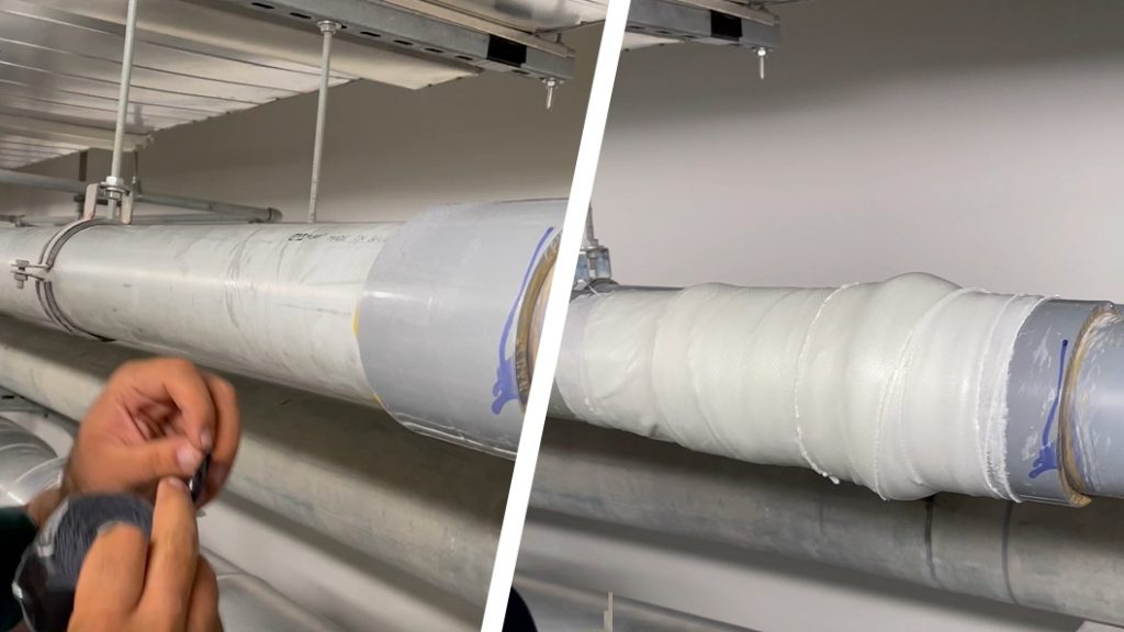 A leaking 100mm UPVC pipe at Bahrain International Airport undergoes a live leak repair using a SylWrap Pipe Repair Contractor Case