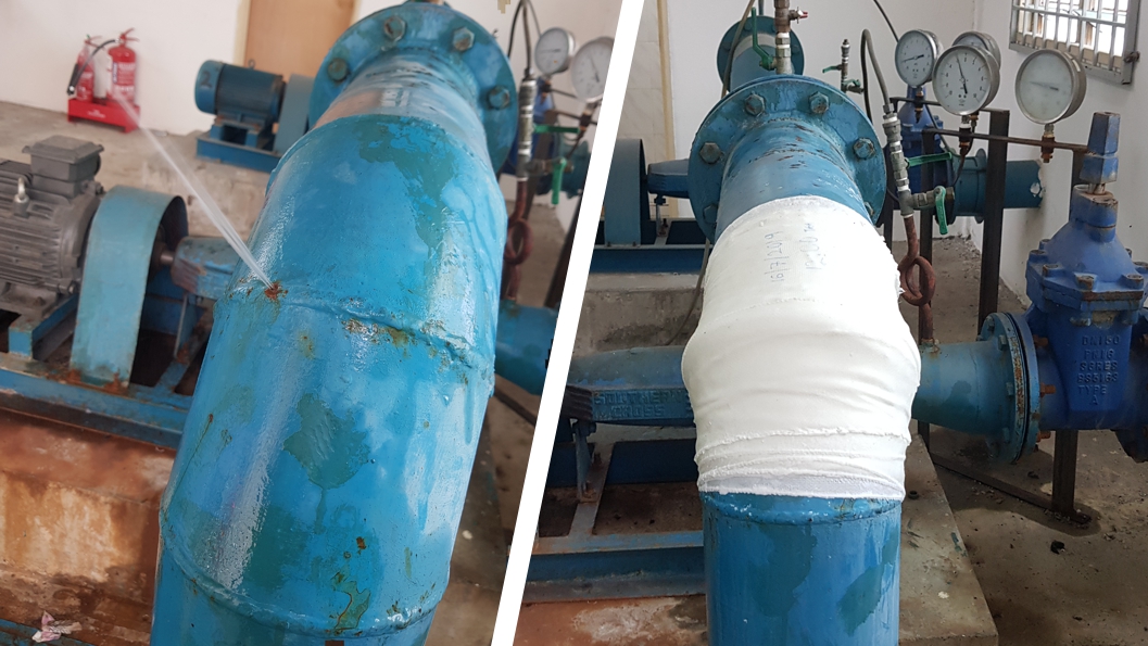 A SylWrap Live Leak repair made to a pinhole leak on a 6 bar 150mm elbow joint with a pinhole leak