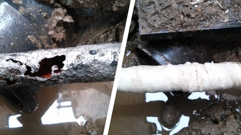 A SylWrap Pipe Repair Kit is used to seal a crack on a 90-year-old malleable iron water supply pipe