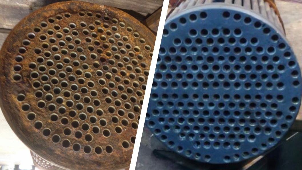 A cast iron face deformed by corrosion in a power station condenser unit undergoes repair and refurbishment using Sylmasta Ceramic Supergrade Abrasion Resistant Epoxy Paste