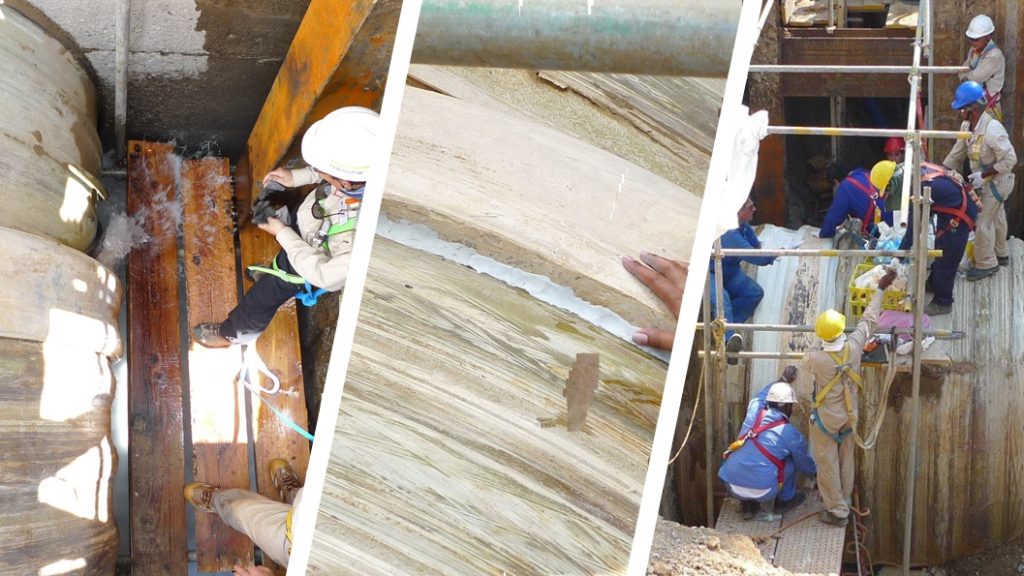 A 3 metre diamete FRP desalination plant discharge pipe underoges repair in Saudi Arabia
