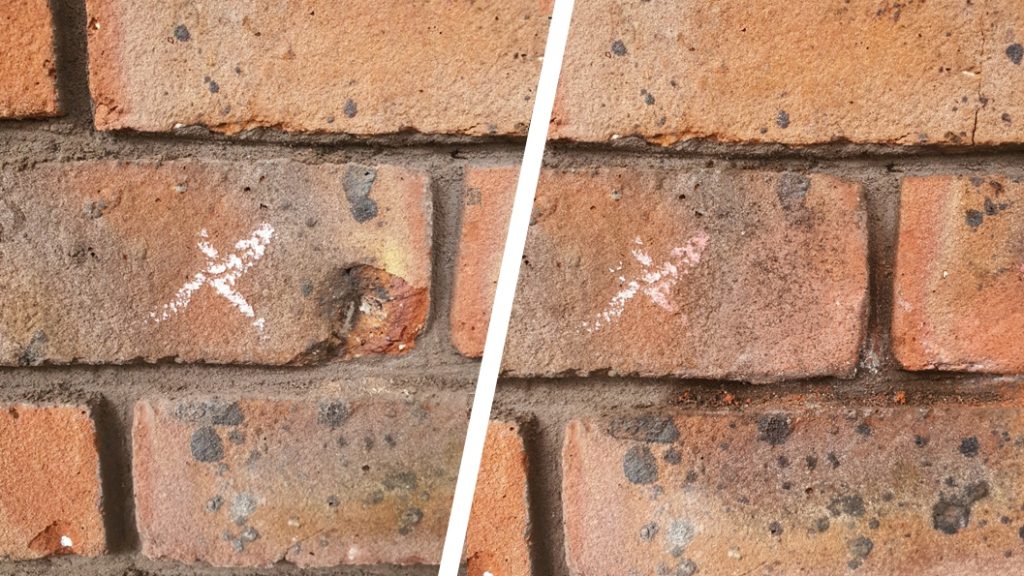 Brick repair carried out using epoxy putty to damaged brickwork suffering from lime blow