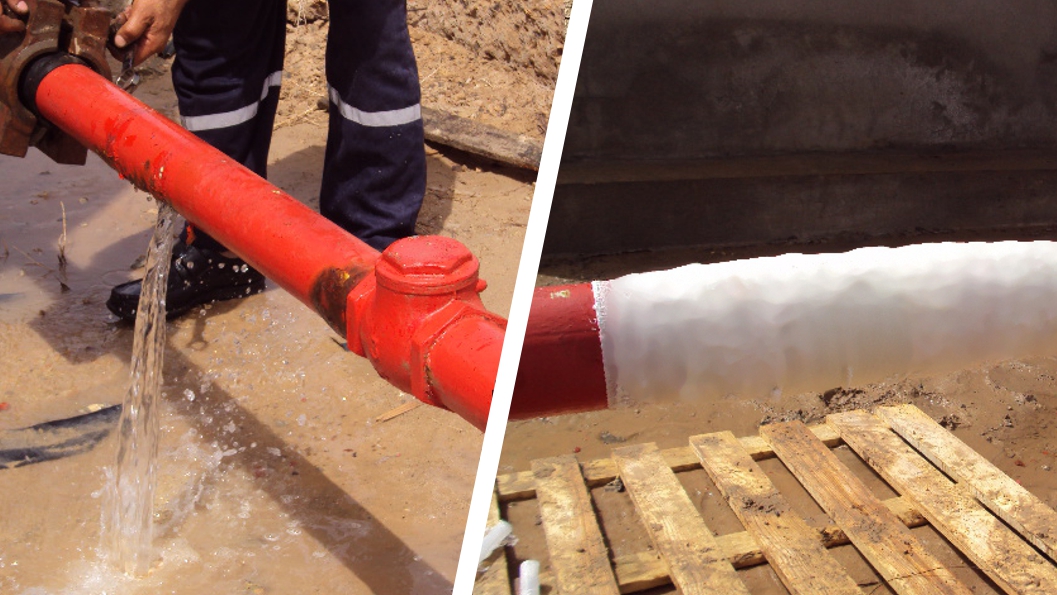 A cracked water supply pipe in Libya having undergone a completed repair with a SylWrap Universal Pipe Repair Kit