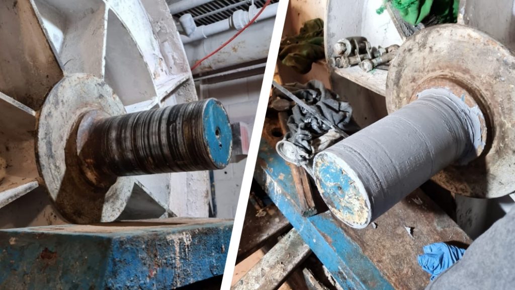 A ceramic factory mill wheel shaft badly worn by abrasion undergoes repair and rebuild using Titanium Supergrade Epoxy Paste