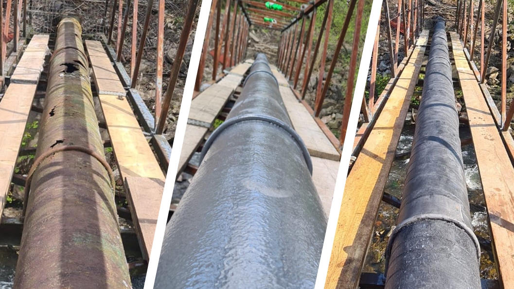 The repair and refurbishment of a pipe bridge crossing the Rhonda River made using the Sylmasta Pipe Refurbishment System