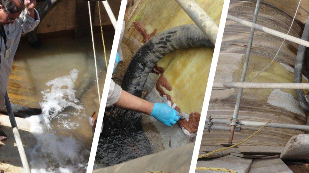 An underground seawater cooling system return line undergoes repair using epoxy putty