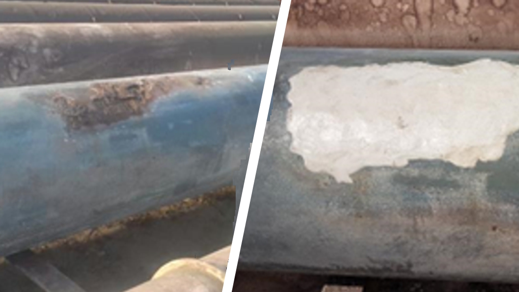 A heavily corroded pipe in Saudi Arabia undergoes repair and reinforcement using epoxy putty