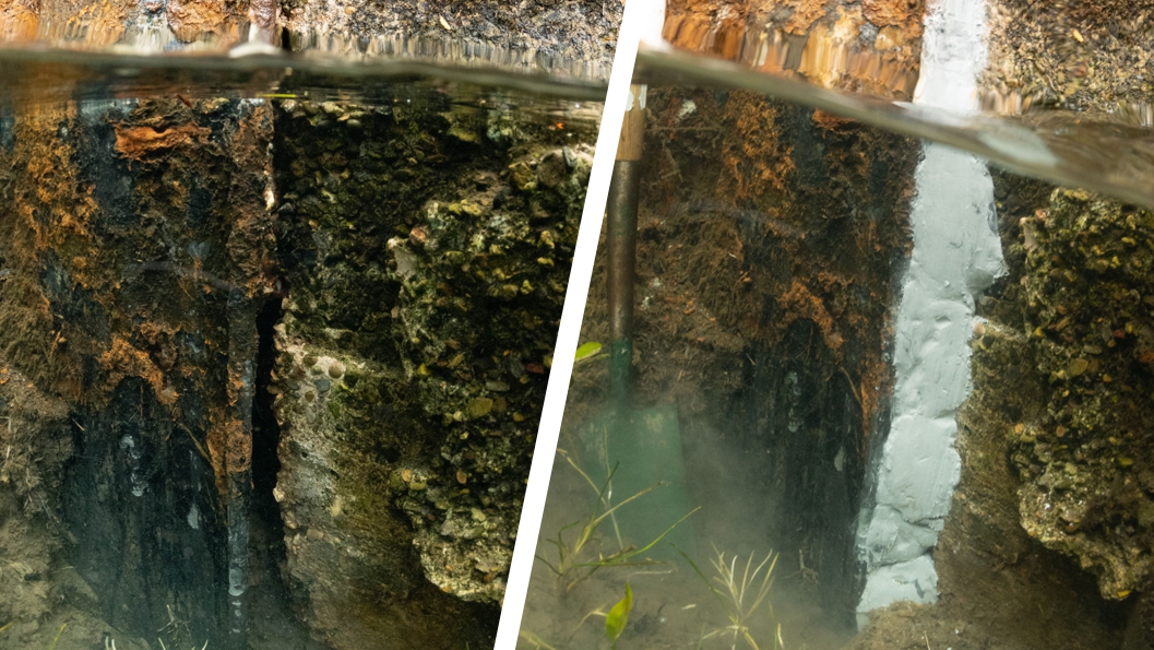 A crack in an underwater wall between a river and a trout farm undergoes repair with Sylmasta AB Original Epoxy Putty