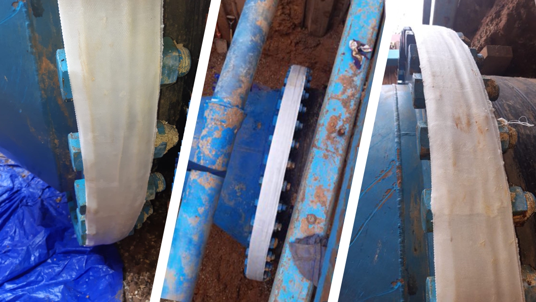 A pipe flange which had suffered tree root ingress is protected using SylWrap HD Pipe Repair Bandage