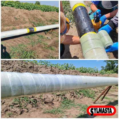 A natural gas line in Czechia is protected with SylShield Pipe Weld & Protection Wrap prior to undergoing trenchless installation via horizontal directional digging