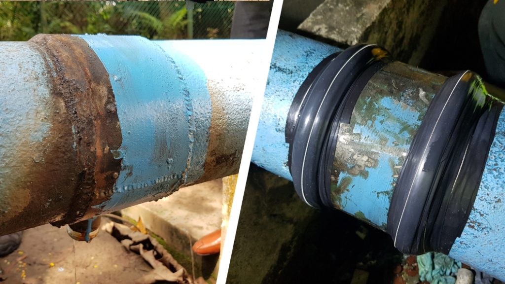 A leaking saddle joint welded on a 150mm steel pipe undergoes repair after being found to be leaking from both ends