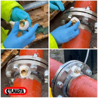 Wet surface repair putty bonds a fitting to a steel pipe as part of a leaking flange repair