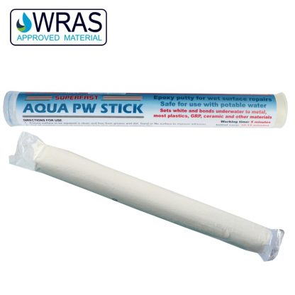 Superfast Aqua Potable Water Epoxy Putty Stick makes wet surface repairs which are safe to use on pipe and fittings carrying drinking water
