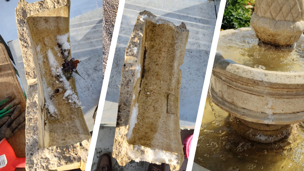 A composite stone water fountained cracked into multiple pieces undergoes repair and reassembly