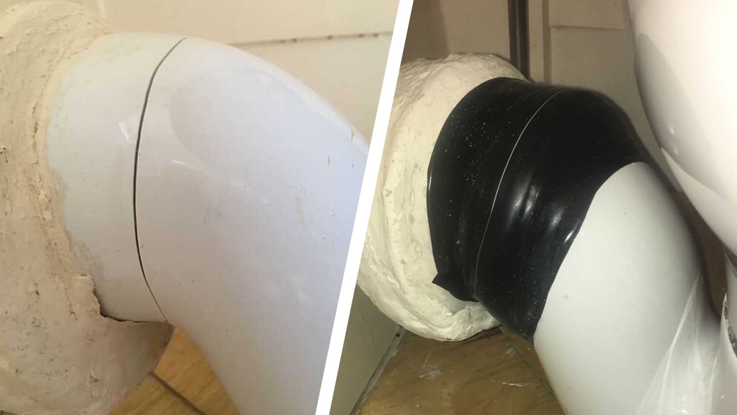 Wrap & Seal Pipe Burst Tape seals a hairline crack in a porcelain toilet waste pipe repair