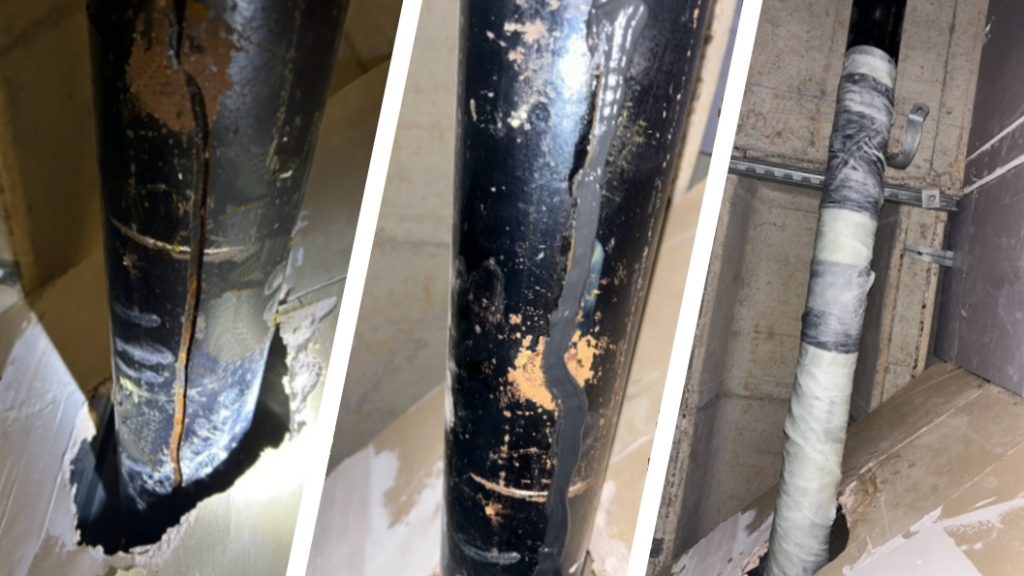 Repair of a crack in a cast iron downpipe at a UK hospital through which rainwater had previously been leaking