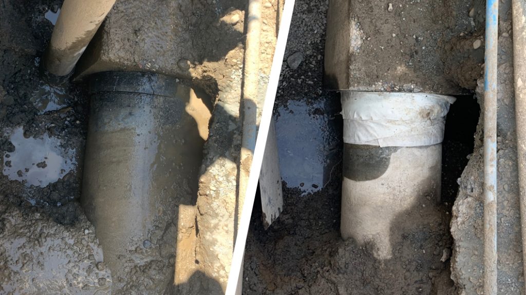 A break in a 60mm underground concrete water pipe in Canda is repaired using Sylmasta products