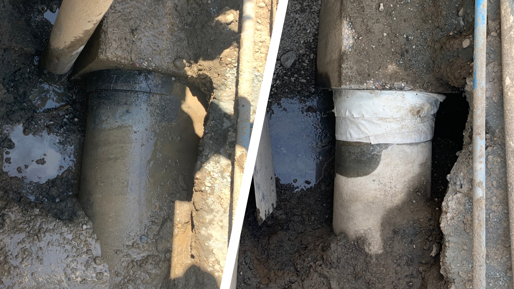 A break in a 60mm underground concrete water pipe in Canda is repaired using Sylmasta products