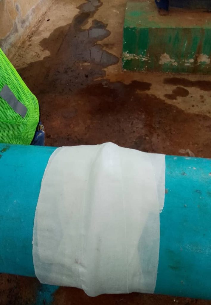 SylWrap Pipe Repair Bandage applied to a live leak in 300mm steel pipe at a wastewater treatment plant in Malaysia