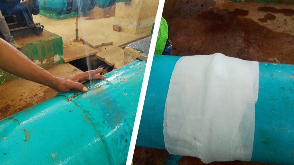 A live leak in a 300mm steel pipe at a wastewater treatment plant in Malaysia live leak repair