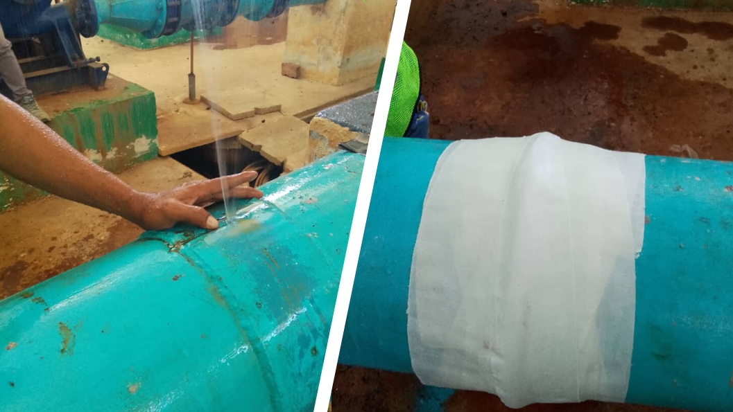 A live leak in a 300mm steel pipe at a wastewater treatment plant in Malaysia live leak repair