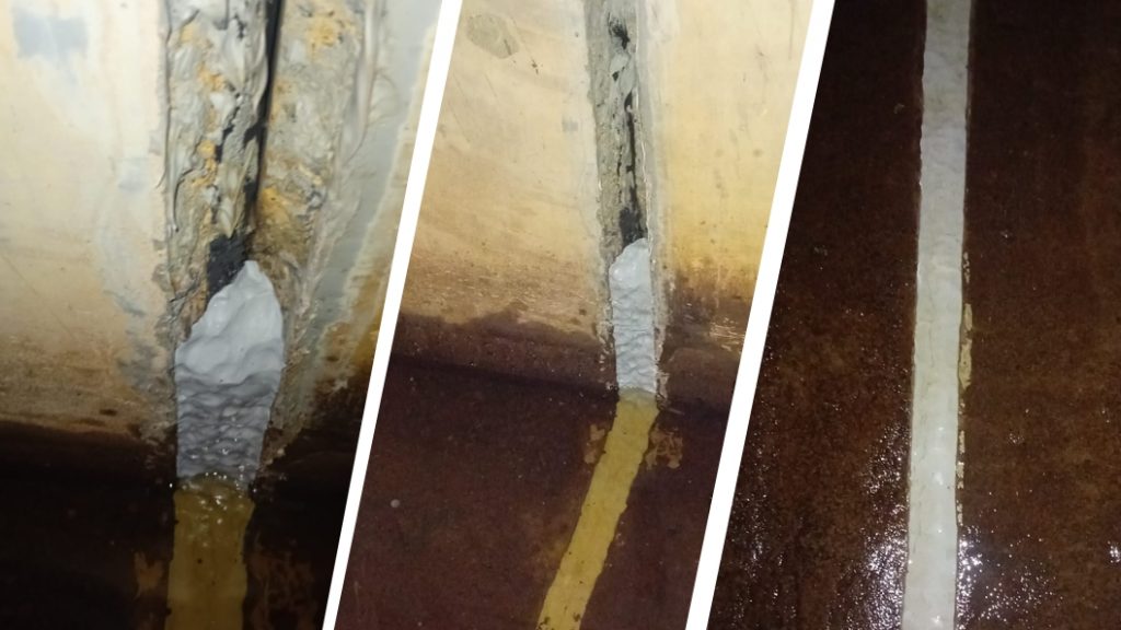 Gaps in a concrete flood defence wall repair made using Sylmasta AB Original Epoxy Putty