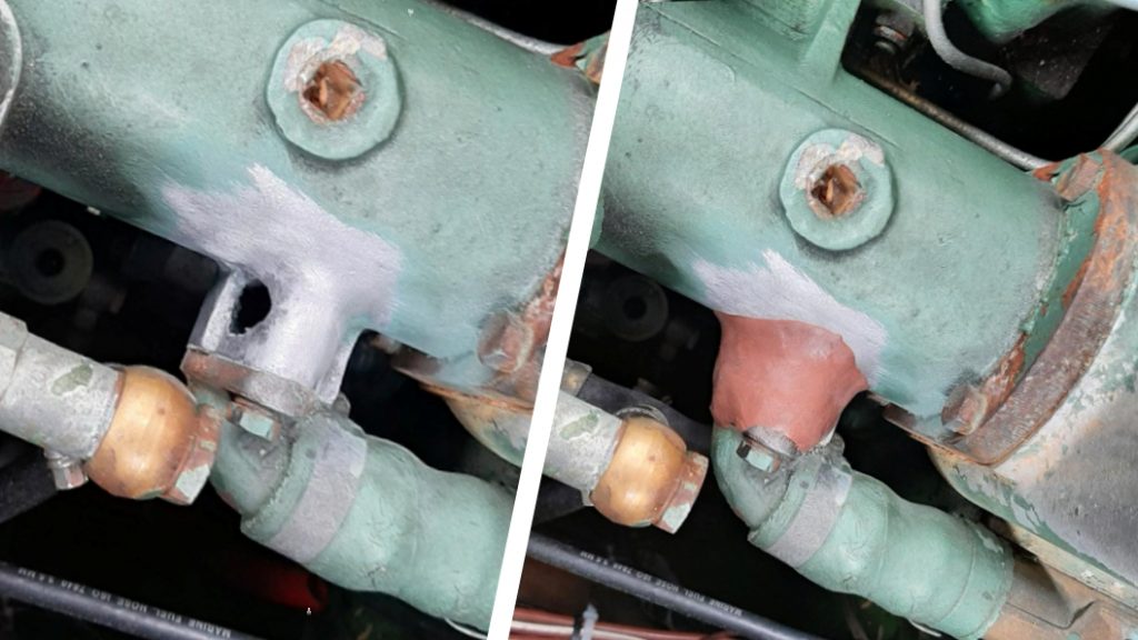 A hole in a narrowboat engine heat exhchanger manifold undergoes repair with Superfast Titanium Epoxy Putty Stick