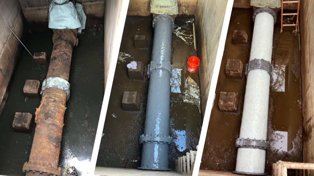 A severely corroded sewer force main pipe in Hawaii undergoes repair and refurbishment using the Sylmasta Pipe Refurbishment System