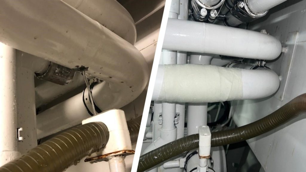 SylWrap Pipe Repair Kit used to seal a pinhole leak in a steel bilge pipe onboard a superyacht