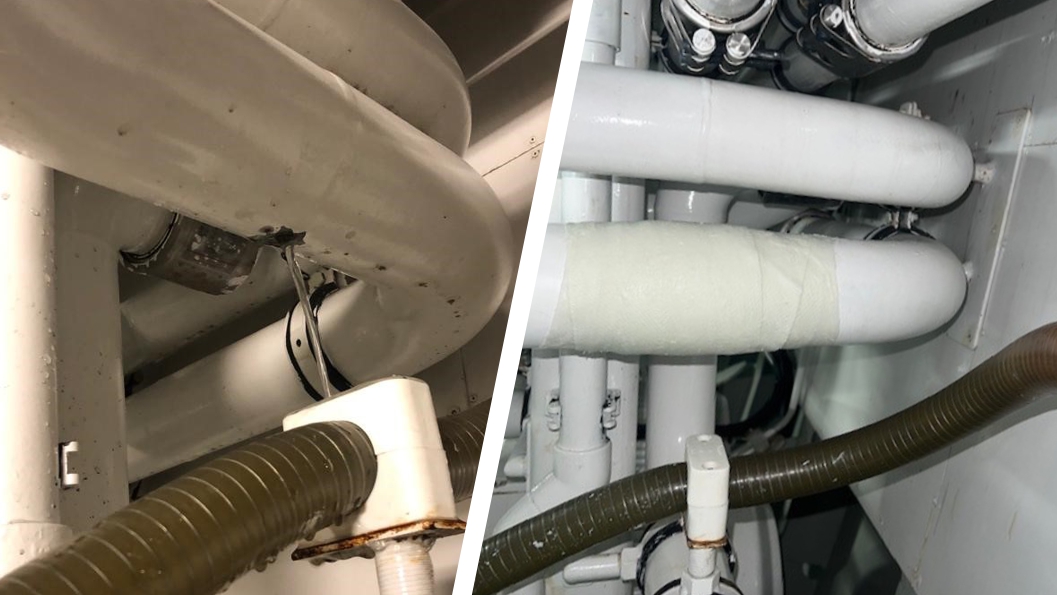 SylWrap Pipe Repair Kit used to seal a pinhole leak in a steel bilge pipe onboard a superyacht